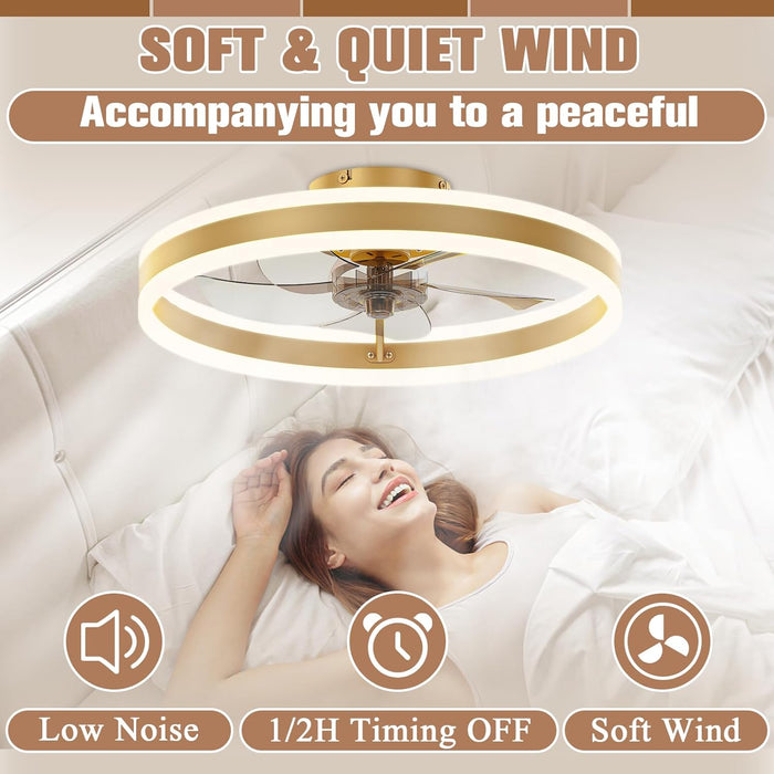 Low Profile Ceiling Fans with Lights and Remote, 19.7In Flush Mount Ceiling Fans with Light, 3000K-6500K Dimmable Fandelier LED Fan Light, Gold Bladeless Ceiling Fans with Lights for Bedroom