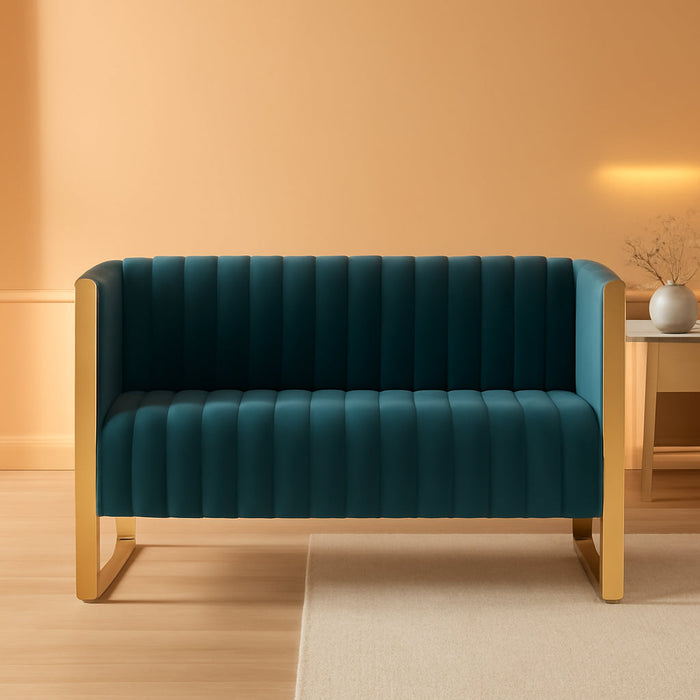 Trillium Velvet 57" Velvet Loveseat for Living Room, High-Density Foam, Vertical Channeling, Gold Stainless Steel Frame, No Assembly Required, Set of 1, Teal