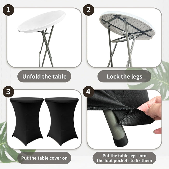 2 Sets 32In High Top round Folding Cocktail Table Indoor Outdoor Parties Bbqs Weddings Events White Bar Height Tables with 32"X43" Spandex Stretch Black Table Covers