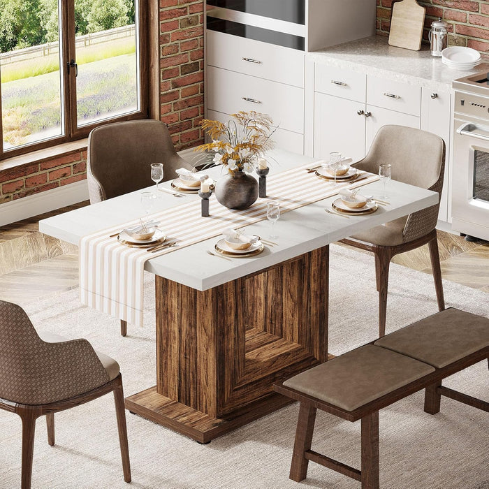 47-Inch Farmhouse Dining Table for 4, White Kitchen Dinner Table with Heavy Duty Pedestal, Rustic Wooden Eating Table for Home, Dining Room, Small Space, White & Brown