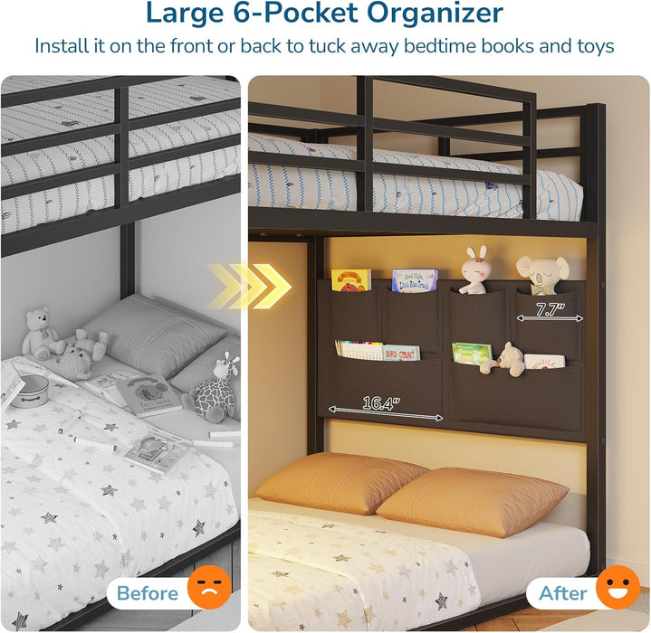 Low Bunk Bed Twin over Twin with 6 Storage Drawers and 6-Pocket Organizer, Reversible Storage Staircase(Left or Right), Bunk Bed for Kids with LED Lights,Metal Frame with Safety High Guardrails, Black