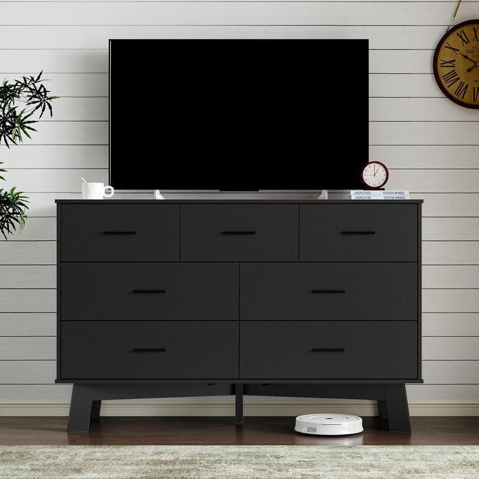 Dresser for Bedroom with 7-Drawer, 47.2" Wide Modern Chest of Drawers with Metal Handles, X-Shape Base & Adjustable Center Leg, Anti-Tip Closet Organizers and Storage