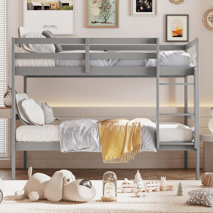 Bunk Bed Twin over Twin, Solid Wood Bunk Bed with Sturdy Ladder & 12 Inch Safety Guard Rails, Twin Size Wood Bed Frame for Dormitory, No Box Spring Needed, Bunk Beds for Kids Teens,Grey
