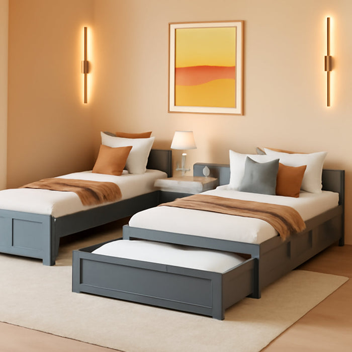 L-Shaped Platform Bed with Trundle, Drawers and Built-In Desk, Wood Bed for Teens, L Shaped Twin Bed, Grey