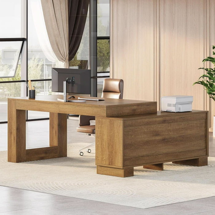 Brown 63InchLong LShaped Desk With Sliding Cabinets