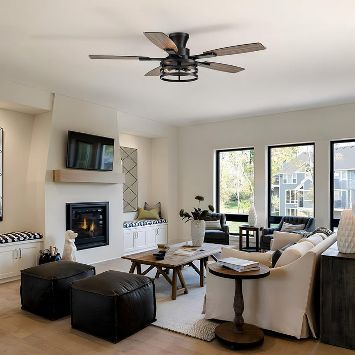 50 Inch Flush Mount Ceiling Fans with Lights and Remote Control, Low Profile Farmhouse Ceiling Fan for Bedroom Living Room and Patio, Black Caged Ceiling Fan for Indoor and Outdoor