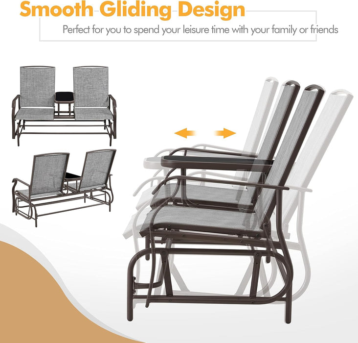 2-Seat Outdoor Glider with Center Table, Patio Rocking Loveseat with Breathable Mesh Sturdy Metal Frame for Garden Pool Lawn