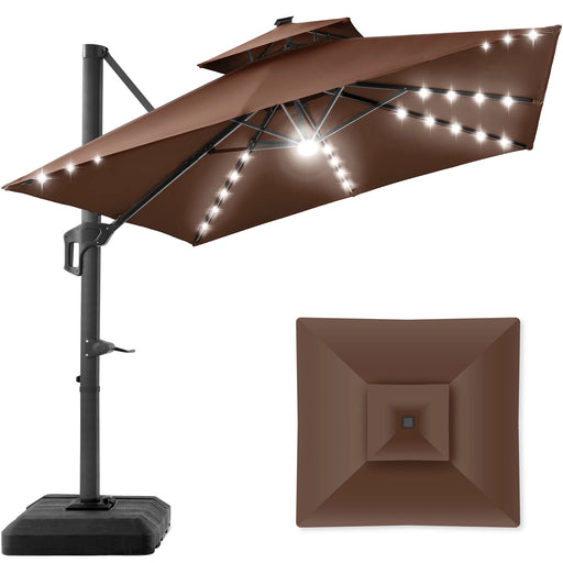 10X10Ft 2-Tier Square Outdoor Solar LED Cantilever Patio Umbrella W/ Base Included - Brown