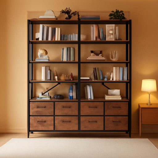 Industrial Seven Tier Bookshelf With Fabric Drawers