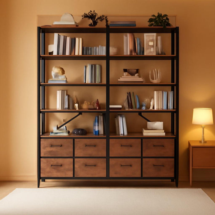 Industrial Seven Tier Bookshelf With Fabric Drawers