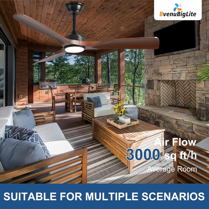 Outdoor Ceiling Fan with Light: 52 Inch 3 Blade Outdoor Fans for Patios - Modern Walnut Ceiling Fan with Dimmable Light Remote APP Control Ultra Quiet Reversible DC Motor Timer