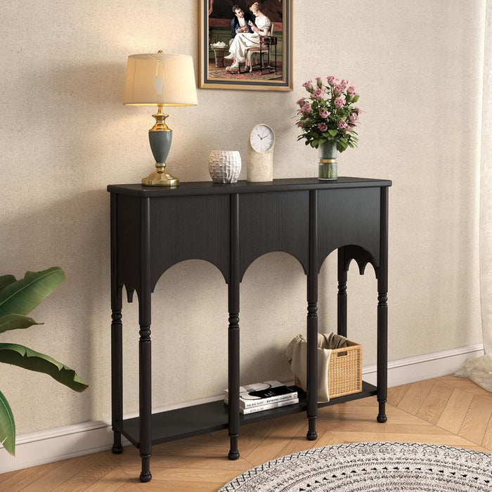 40" Console Table with Storage Shelf, Retro Entryway Table, Wooden Sofa Table with Roman-Style Legs for Living Room, Hallway, Black