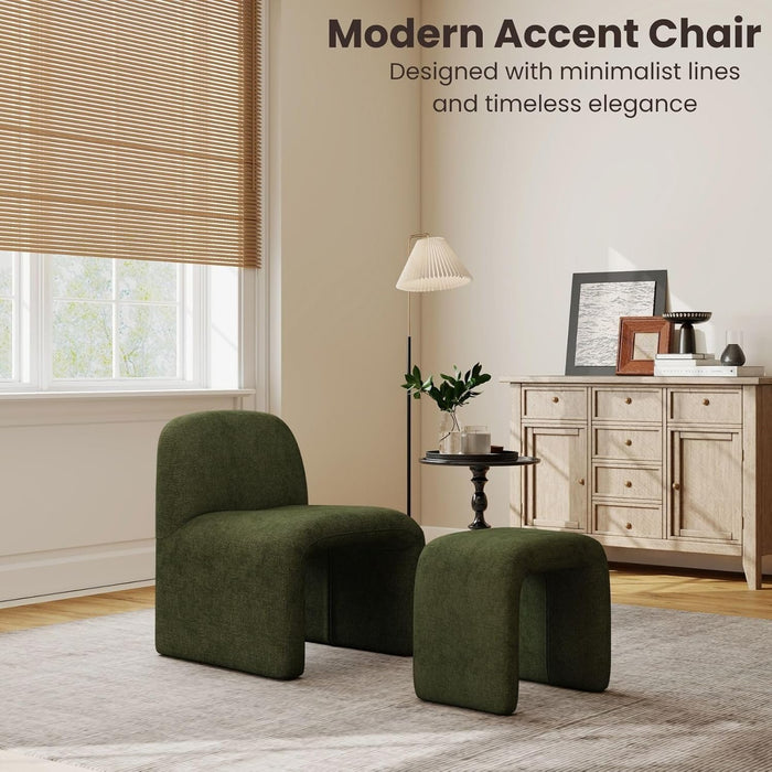Green Chenille Upholstered Accent Chair with Ottoman Set, Modern Armless Chair Side Chairs for Living Room, Bedroom, Small Space, Reception Room, No Assembly Required