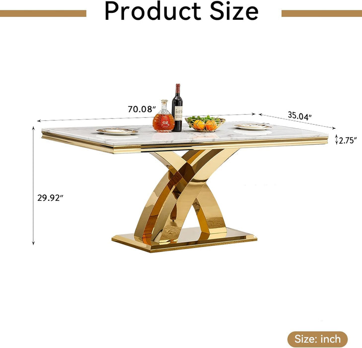 Faux Marble Dining Table, Modern Faux Marble Dining Room Table 70" with X Shape Stainless Steel Pedestal for Kitchen & Dining Room
