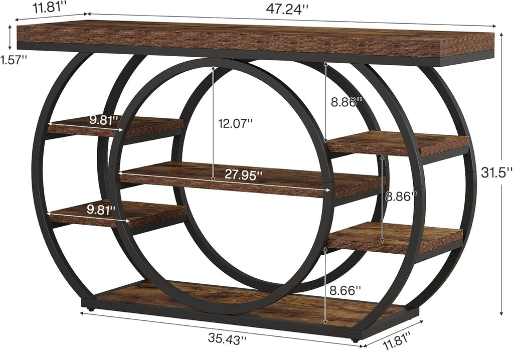 47” Console Table, Industrial 5-Tier Entryway Table with Metal Frame, Narrow Console Sofa Table for Living Room, Hallway, Rustic Brown
