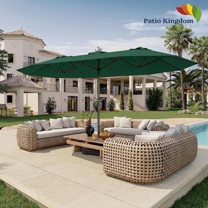 15FT Double Sided Patio Umbrella with Base Included Large Outdoor Market Umbrella with Crank Handle, UV Resistant Canopy, Sturdy Frame for Garden, Poolside, Deck, Forest Green