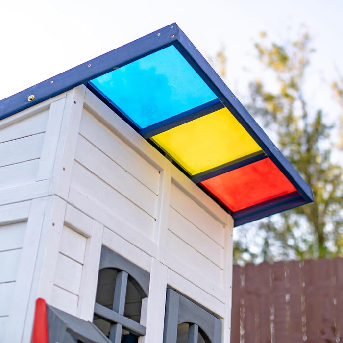 Wooden Playhouse Wendy House with Rainbow Shade, Interactive Kitchen, Working Doorbell, Mailbox & Outdoor Bench, White