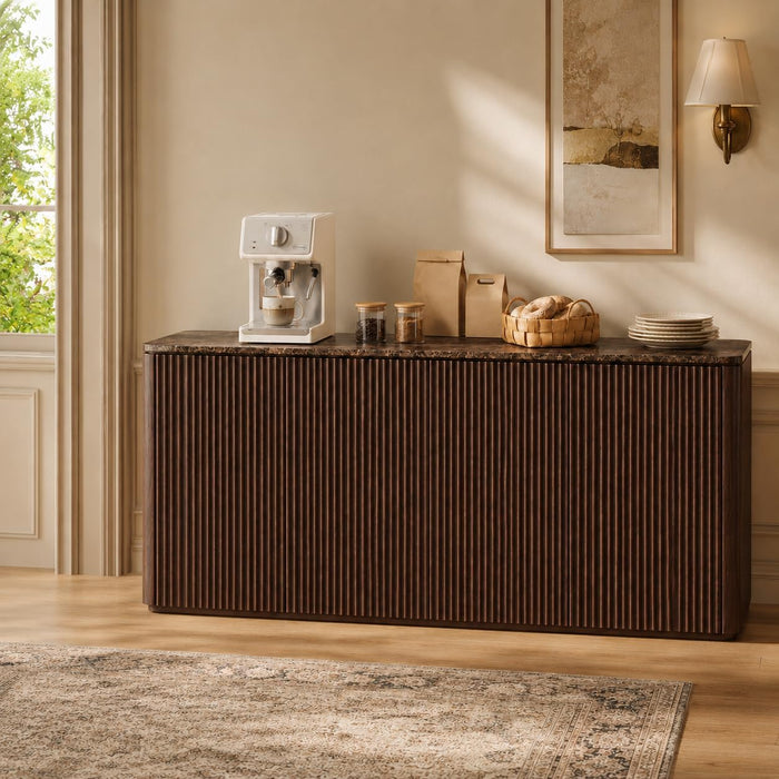 64" Fluted Sideboard Buffet Cabinet with Faux Marble Top, Dark Walnut | Wood Credenza with Storage Shelves, Modern Console Table for Coffee Bar, Dining Room, Kitchen, Living Room & Entryway
