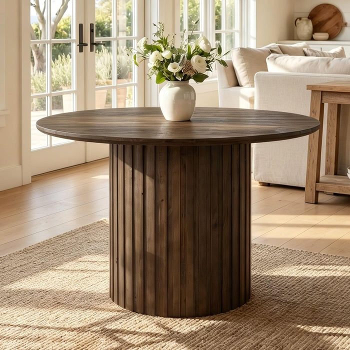 Reclaimed round Pedestal Dining Table, 47" Rustic Wood Kitchen Table for 4-6 People, Farmhouse Circle Dining Table with Fluted Base for Kitchen Dining Room Restaurant, Deep Brown