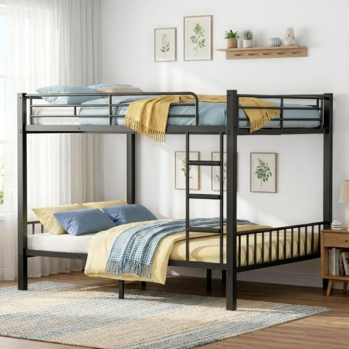 Queen over Queen Bunk Bed for Adults & Teens, Heavy Duty Metal Bunk Bed with EVA Anti-Slip Ladder & Full-Length Guardrails, Noise-Free Queen Bunk Bed Frame with Under-Bed Storage, Black
