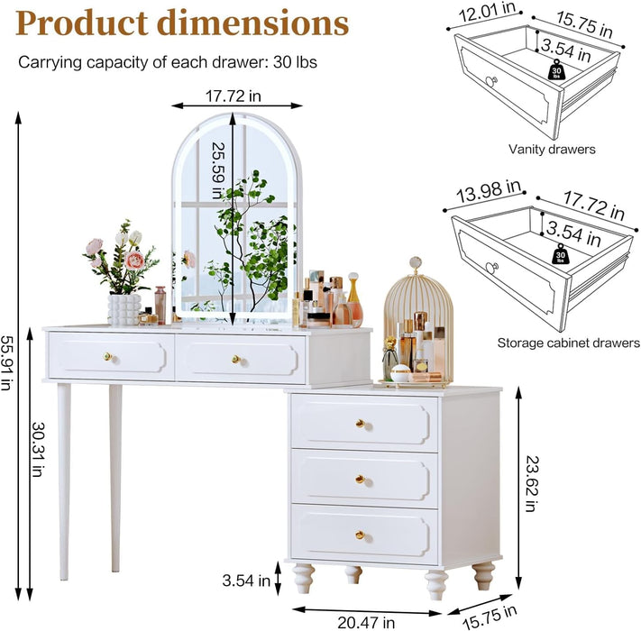 White,Vanity Desk with Mirror and Lights,Makeup Vanity with Power Outlet and Adjustable Cabinet,Modern Makeup Table with 3 Drawers for Bedroom Makeup Room