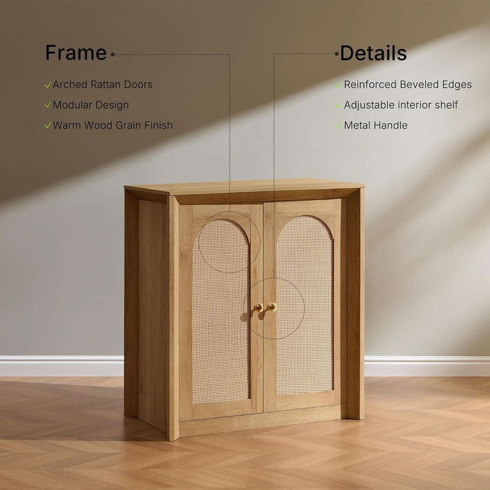 Rattan Arched Door Sideboard Buffet Cabinet, Natural Oak