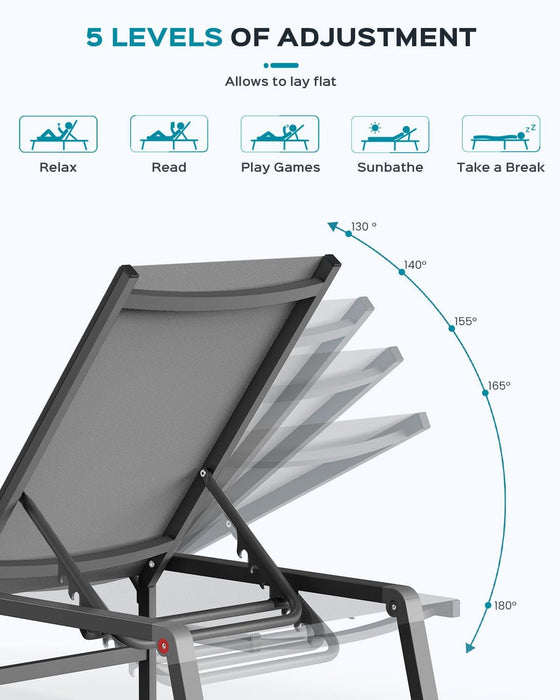 Foldable Outdoor Lounge Chair, No Assembly Patio Chaise Lounge Outdoor with 5-Positions, Aluminum Pool Lounge Chair with Portable Design for Pool, Deck, Beach, Backyard, Gray