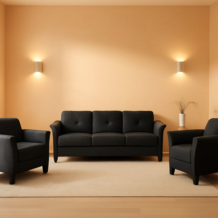 3-Piece Set with Microfiber Chair & Loveseat & Sofa in Black