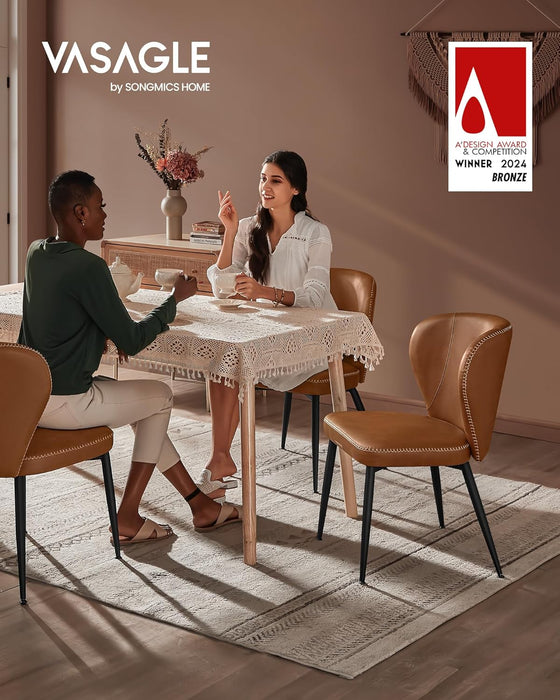 EKHO Collection - Dining Chairs Set of 2, Upholstered Kitchen Chairs, Comfortable Seat, Synthetic Leather with Stitching, Mid-Century Modern, Easy Assembly, Living Room Lounge, Caramel Brown