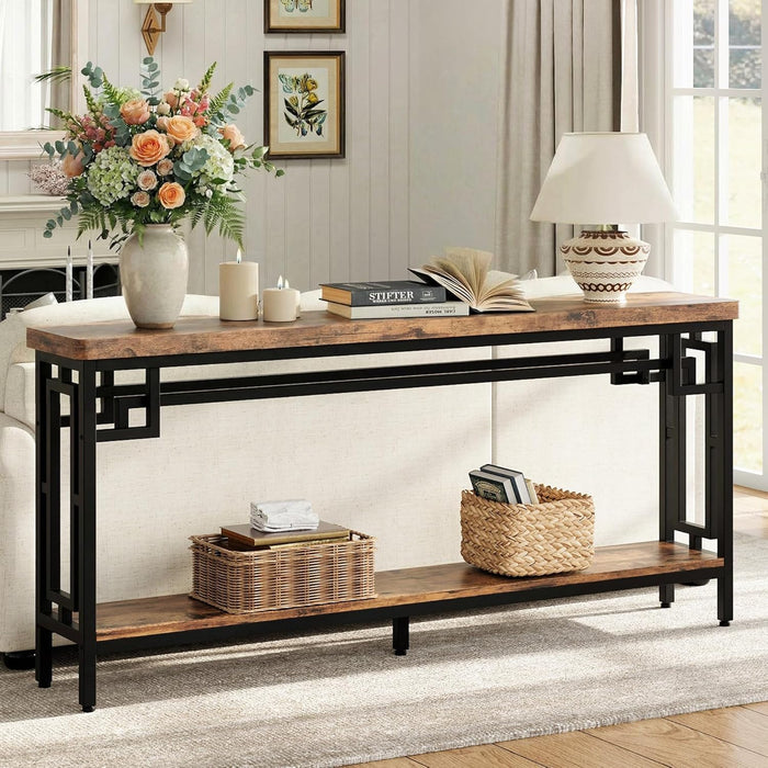 70.9" Long Console Table, 2-Tier Long Narrow Console Table behind Couch for Display with Central Support Frame, Industrial Long Entryway Table for Entryway and Living Room