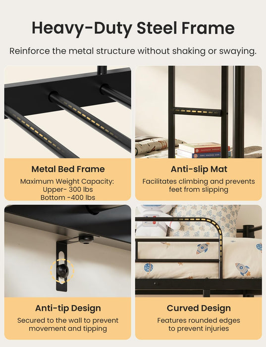Black Full-Over-Full Heavy-Duty-Metal Bunk Bed With Drawers