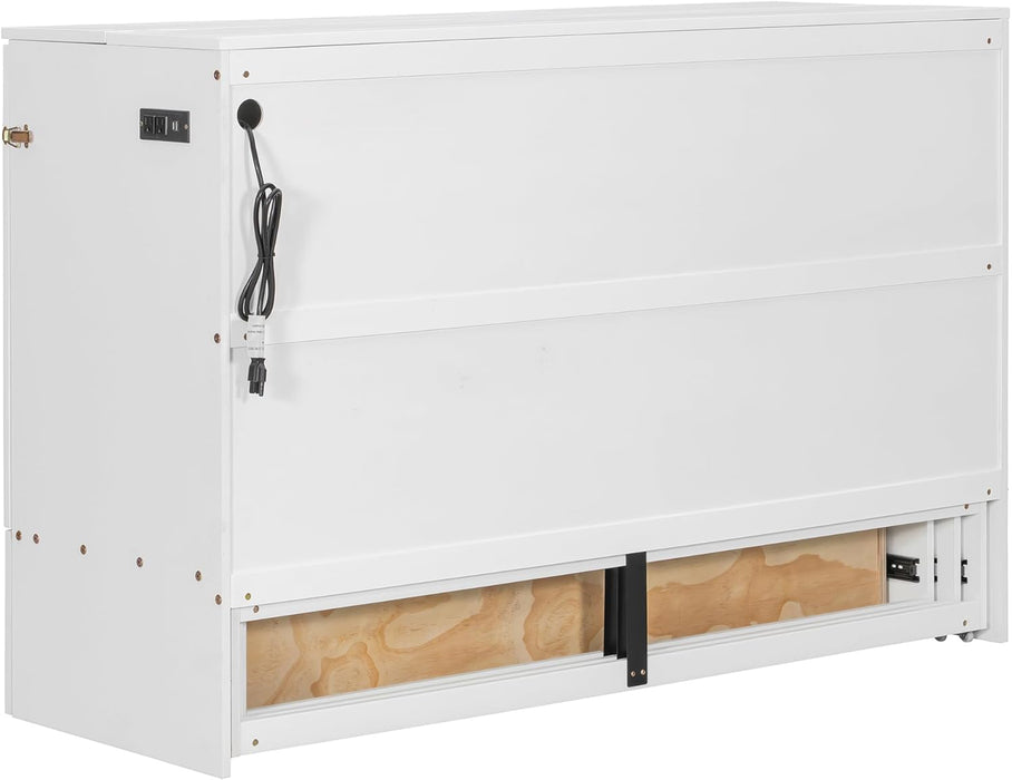 Queen Size Murphy Bed Cabinet Wall Bed Chest with Storage Drawer,Usb,Charging Station, Wood Murphy Bed Frame for Home Office or Small Room-White
