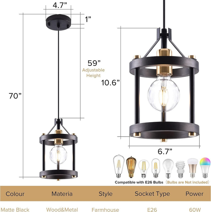 Chandelier Set of 3 Vintage Pendant Light Fixture, Black Farmhouse Wooden Metal Chandeliers, Open Frame Hanging Lighting for Diningroom,Bar,Entrance Hall,Kitchen Island Living Room