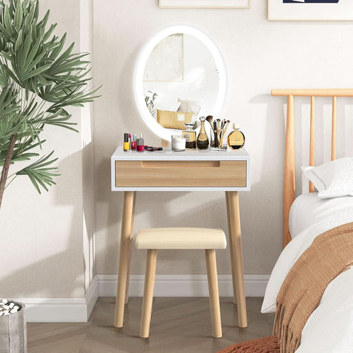 Makeup Vanity Table Set with 3 Modes Adjustable Lighted Mirror Cushioned Stool, Dressing Table for Small Space