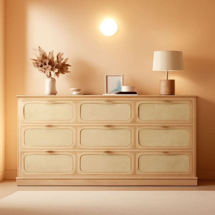9 Drawer Dresser for Bedroom, 60 Inch Long Dressers & Rattan Chest of Drawers, Boho Style, Large TV Stand for 55, 65, 70 Inch TV, for Bedroom, Living Room, Entryway, Hallway, Oak