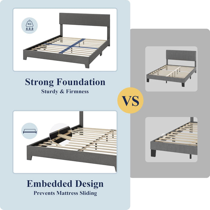 Queen Bed Frame with Adjustable Headboard, Upholstered Platform Bed with Wood Slats, Heavy Duty Mattress Foundation, No Box Spring Needed, Noise-Free, Easy Assembly, Dark Grey