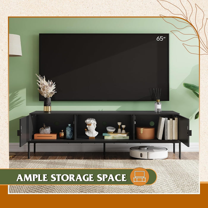 TV Stand for 65 Inch TV, Mid Century Modern Entainment Center with 2 Storage Cabinets & Open Shelf, TV Console Table Media with Metal Legs for Living Room, Bedroom, Black