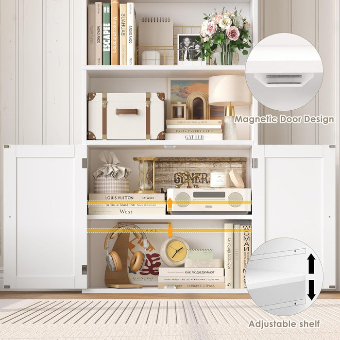 82" Tall Bookcase and Book Shelf, 24" Wide Bookshelf with Doors, 7 Tier Bookcase with Storage and Adjustable Shelf, Open and Display Farmhouse Bookshelf for Living Room, Home Office, White