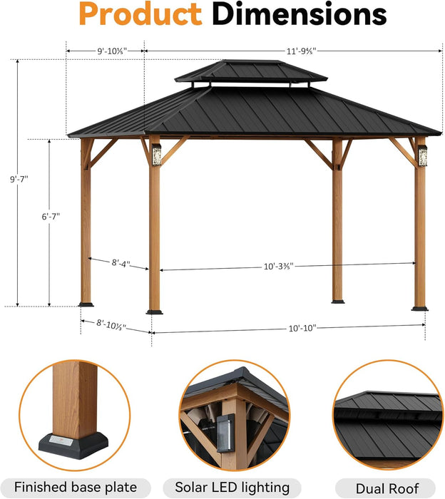 Modern Shade the Horizon Hard Top Gazebo 10' X 12' with 4 LED Lights, Permanent Hardtop Gazebo with Galvanized Steel Double Roof, Metal Gazebo with Decor Hooks, Mosquito Nettings for Patio, Wood Grain