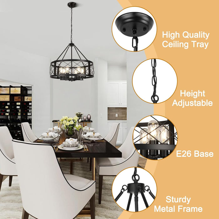 6-Light Black Rustic Drum Chandelier, 22.5” Modern Chandelier for Dining Room, round Metal Hanging Light Fixture for Foyer, Entryway, Bedroom, Kitchen Island