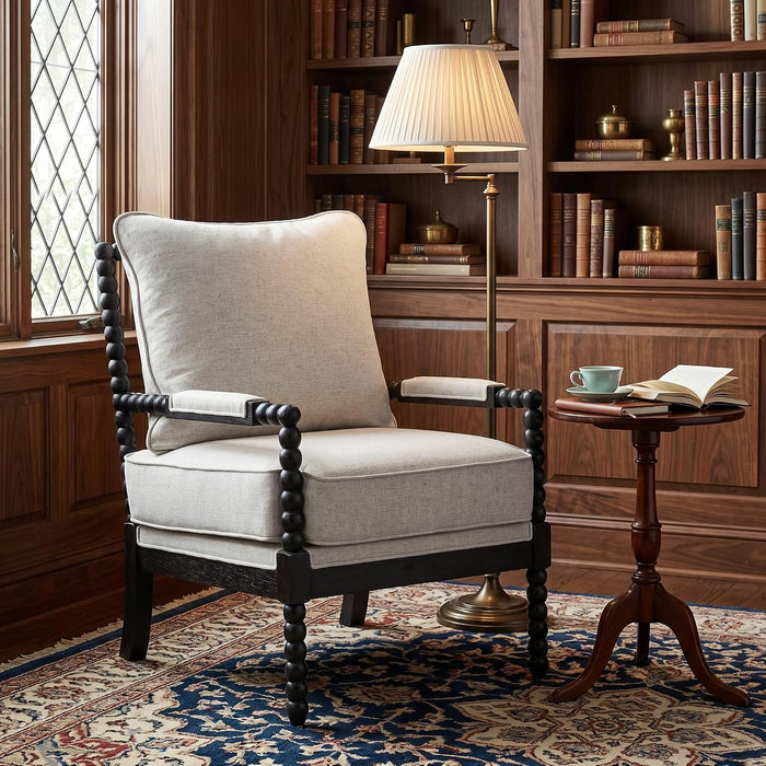Linen Fabric Spindle Accent Chair with Wood Frame,