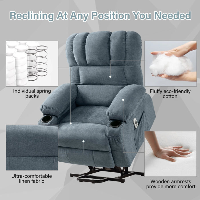 Power Lift Recliner Chair for Elderly, Electric Recliners with Heat and Massage, USB Charge Port, Cup Holders, Infinite Position and Side Pockets, Fabric Single Sofa for Living Room, Blue