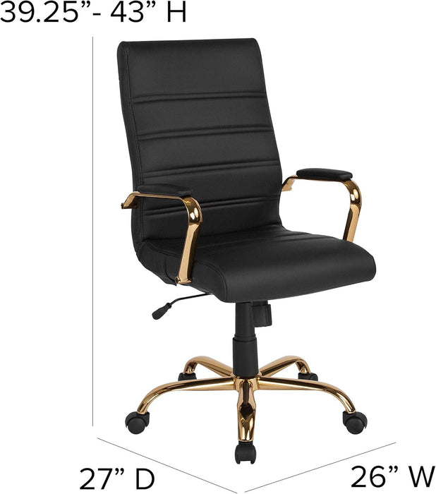 Whitney High-Back Swivel Leathersoft Desk Chair with Padded Seat and Armrests, Adjustable Height Padded Office Chair, Black/Gold