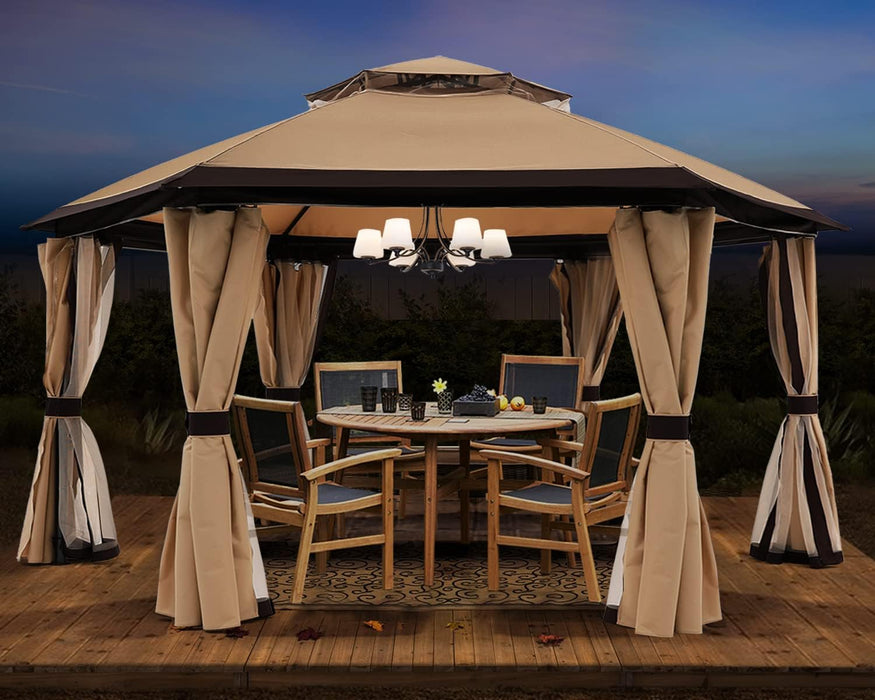 10'X10' Gazebos for Patios Outdoor Hexagonal Gazebo with Netting and Privacy Curtains Beige