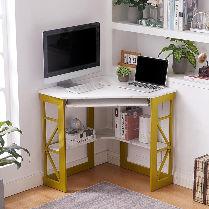 Corner Computer Desk 41 X 30 Inches with Smooth Keyboard & Storage Shelves for Home Office Workstation,White & Gold