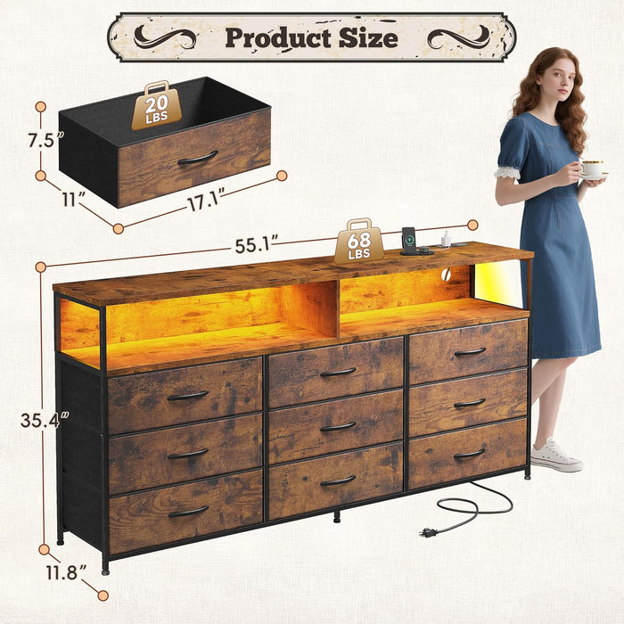55" W Dresser for Bedroom with 9 Drawers, LED TV Stand with Power Outlets for 45, 55, 65 Inch TV, Sturdy Long Chest of Drawers with Extra 2 Wooden Shelves, Rustic Brown