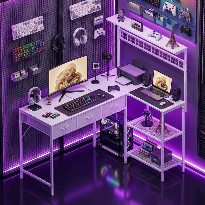 Computer Desk with 3 Fabric Drawers, 50.4 in L-Desk Display Shelves with Led Light & Power Outlet, PC Table Workstation for Home Office, Gaming Desk for Small Spaces, White