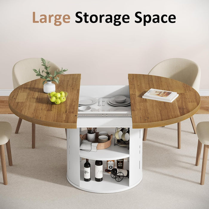 43.3In-59In Extendable round Dining Table for 4-6, Modern Oval Dining Table with Storage Shelf & White Metal Frame, Space-Saving Expandable Table for Kitchen & Living Room, Oak