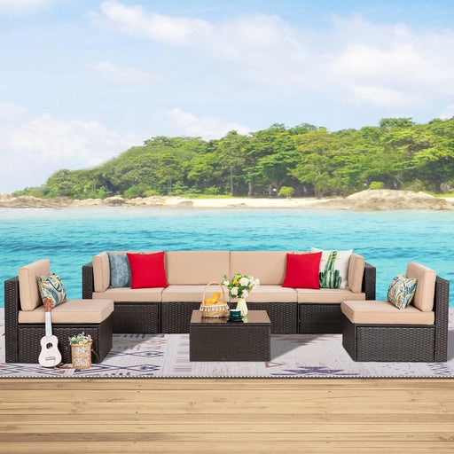 7 Pieces Patio Furniture Sets Outdoor All-Weather Sectional Patio Sofa Set PE Rattan Manual Weaving Wicker Patio Conversation Set with Glass Table&Ottoman Cushion and Red Pillows, Neutral