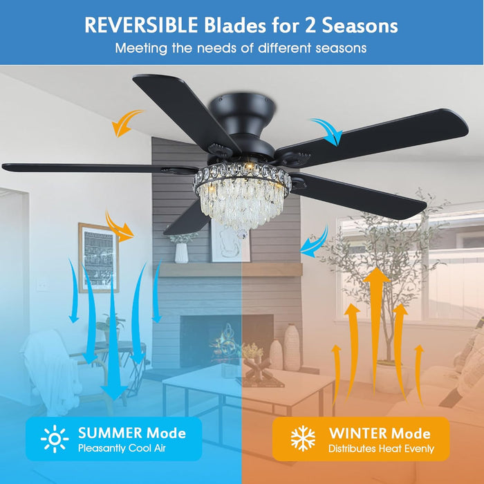 Crystal Ceiling Fan Fandelier with Lights-Ceiling Fans with Remote Control,Modern Ceiling Fan with Noiseless DC Reversible Motor,Dining Room,Living Room(52" Black)